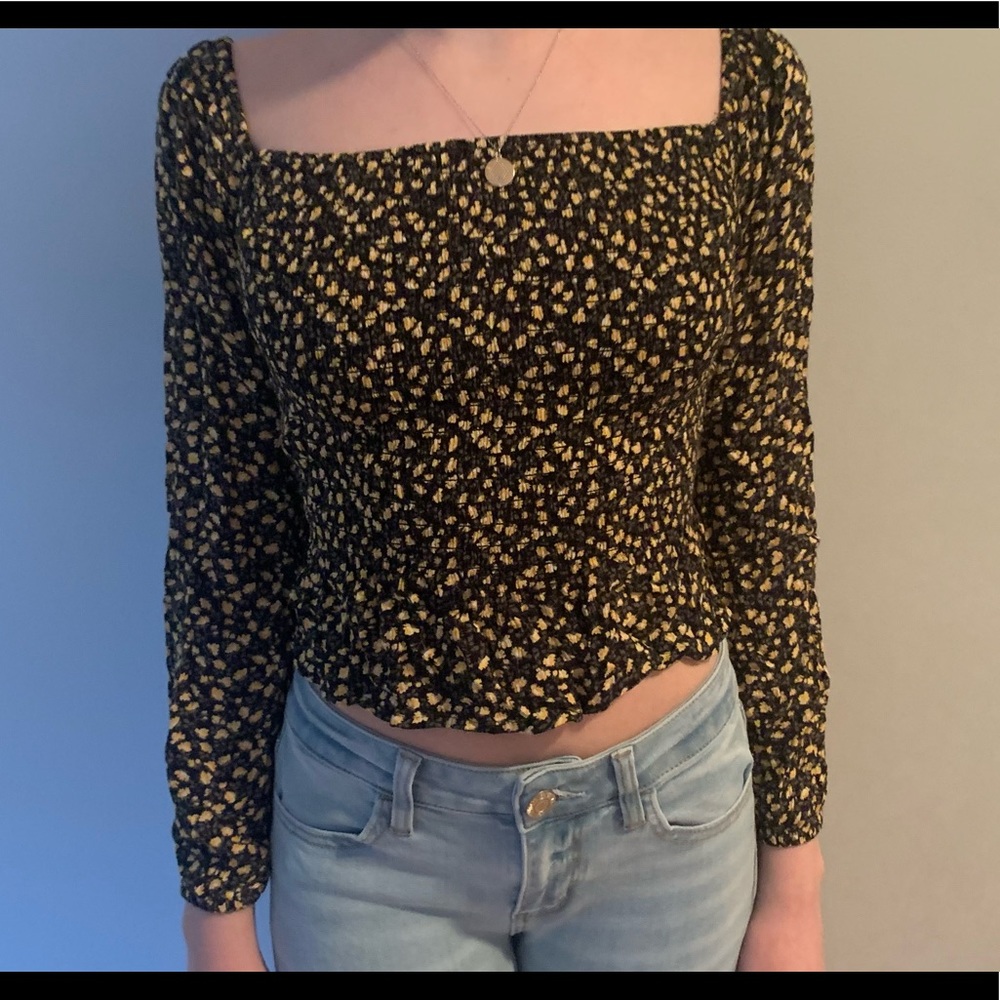 Black w yellow flowers off shoulder long sleeve